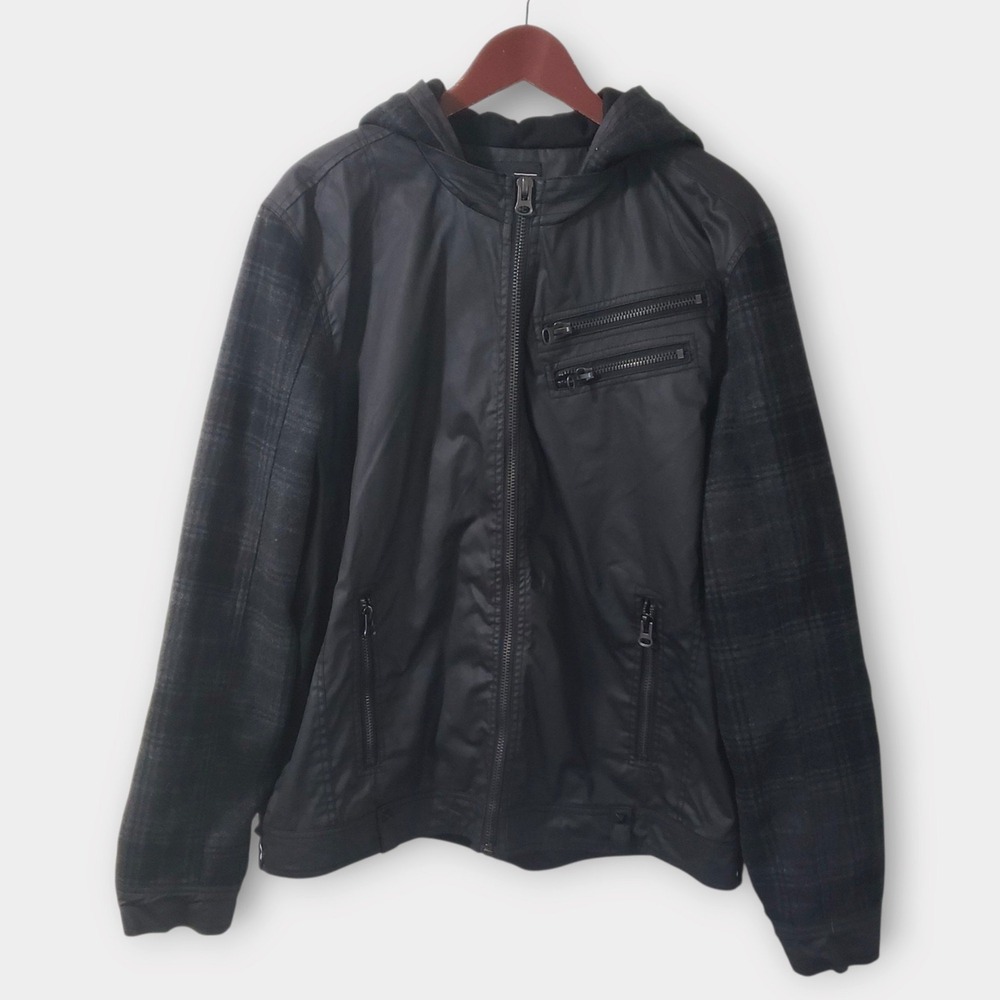XXX Rude Mens Hooded Biker Jacket Plaid Wool Flannel Zippers Skull Flag Black XL